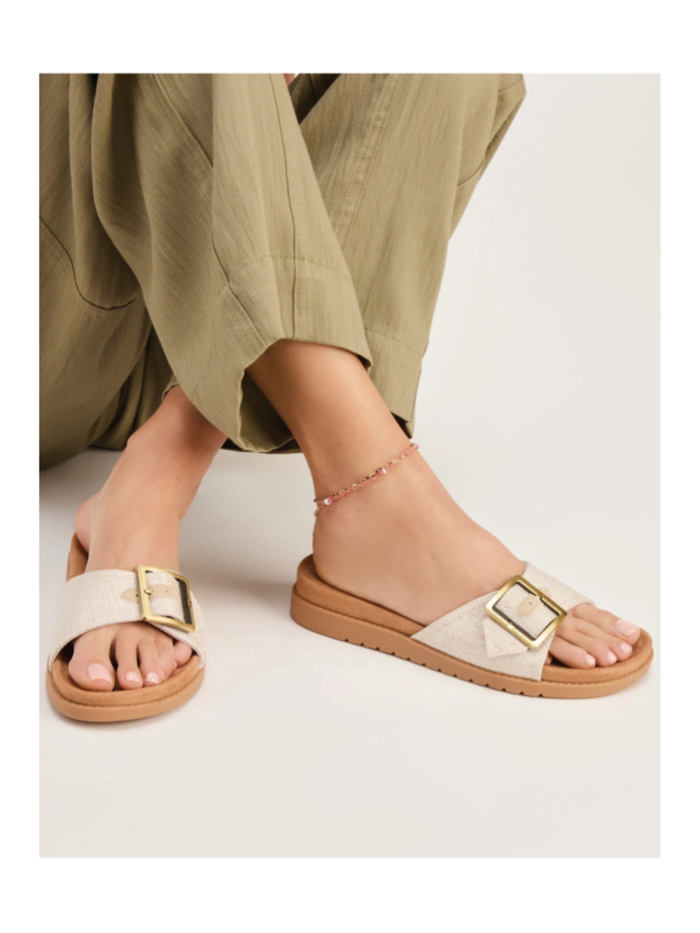 Women's Toms Marin Slide Sandals 7.5 Natural Linen Footbed Big Buckle Viral EUC